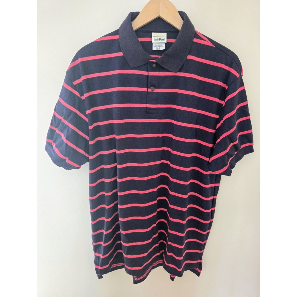 Vintage 90s L.L. Bean Blue/Pink Stripe Short Sleeve Polo Shirt Men's Large - EUC